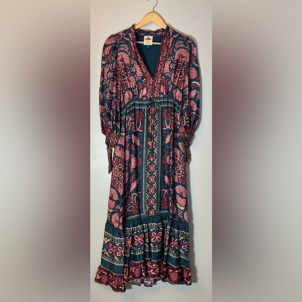 FARM Rio Teal Maxi Dress with Pink Floral Print 3/4 length Sleeve Boho Size S - Picture 2 of 12